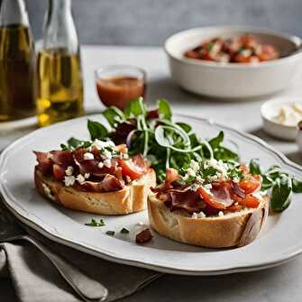 Bruschetta au Bacon et à l'emmental sur Lit de Mesclun